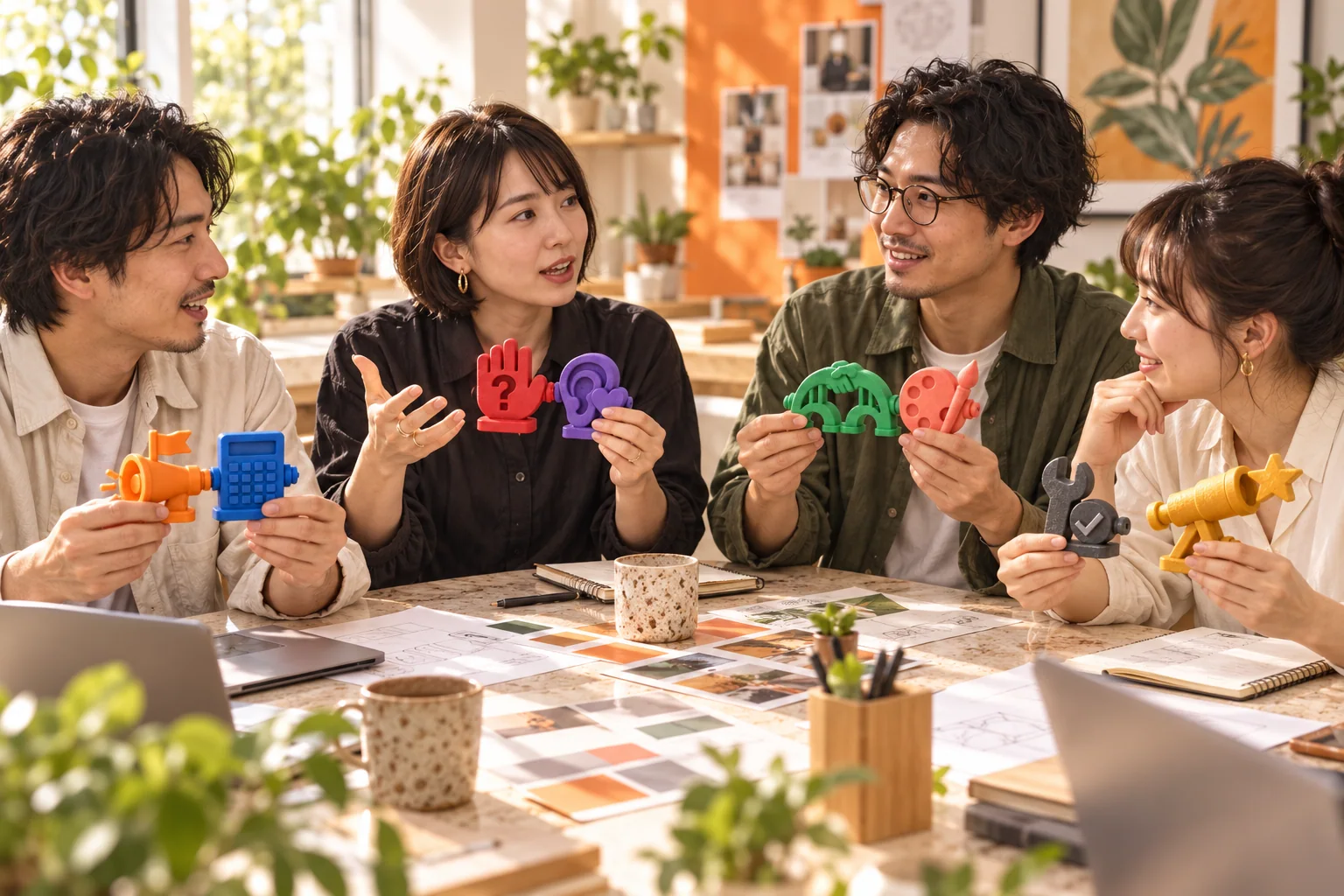メガホンと電卓などの小物を組み合わせて手に持ち、四人が議論する様子